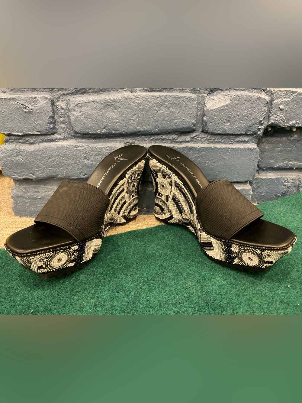 Wedge Slide Sandals with Black Strap and Beaded Pattern
